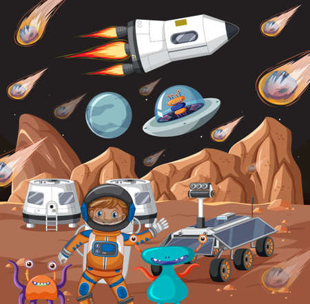 An astronaut and aliens on planet  illustration