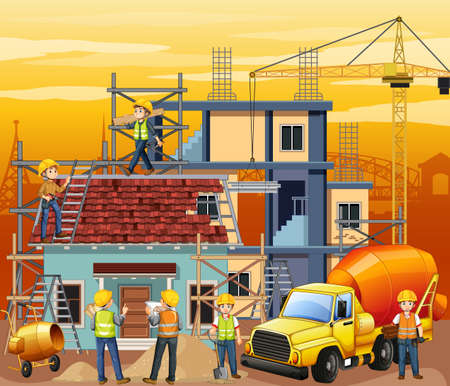 Construction site with workers illustrationのイラスト素材