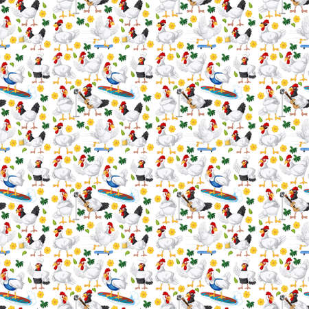 Funny chicken on white background seamless illustrationの写真素材