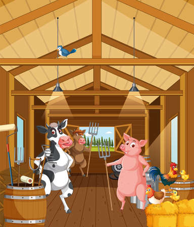 Barn indoor scene with farm animals illustrationのイラスト素材