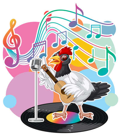Singer chicken cartoon with music melody symbols illustrationのイラスト素材