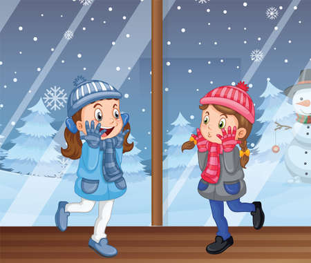 Two girls in winter clothes illustrationのイラスト素材