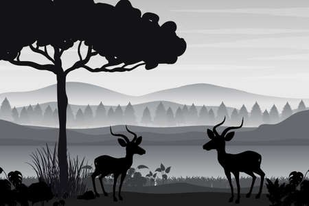 Silhouette shadow of forest scene illustrationのイラスト素材