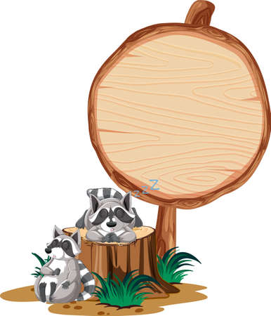 Raccoon with wooden sign banner illustrationのイラスト素材
