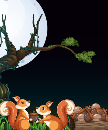 Scene with two squirrels collecting nuts at night illustrationのイラスト素材