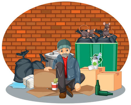 Homeless man sitting near garbage  illustrationのイラスト素材