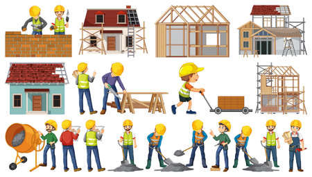 Set of construction site objects and workers illustrationのイラスト素材