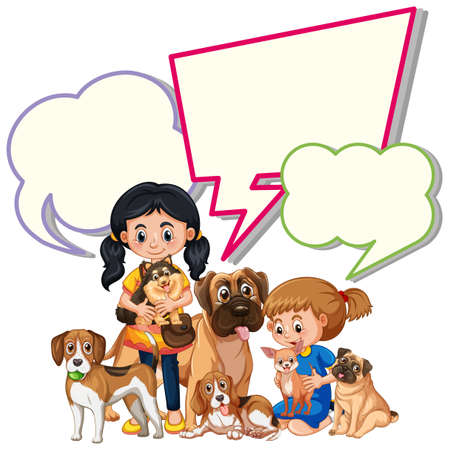 Speech bubble template with girls and pets illustrationのイラスト素材