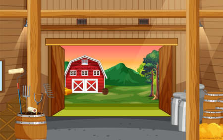 Barn indoor scene with farm animals illustrationのイラスト素材