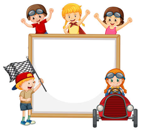 Isolated wooden banner with children illustrationのイラスト素材