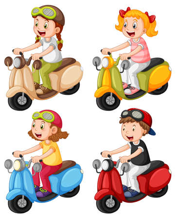 Set of different kids riding motorcycle illustrationのイラスト素材