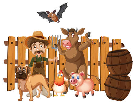 Farmer and many animals illustrationのイラスト素材