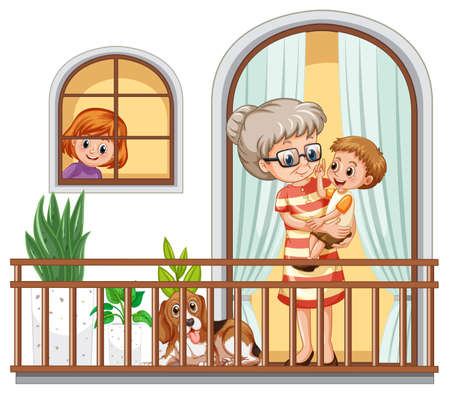 Granny and her nephew standing on the balcony illustrationのイラスト素材
