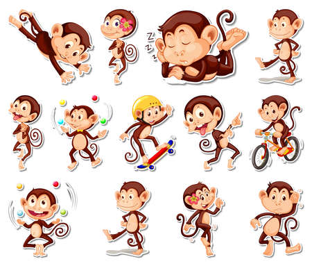 Sticker set of funny monkey cartoon characters illustrationのイラスト素材