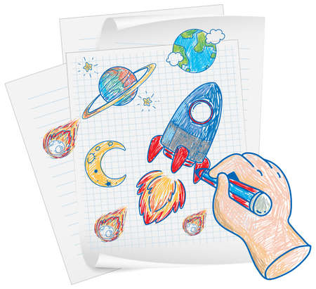 Coloured hand drawn spaceship collection illustrationのイラスト素材