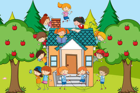 Scene with many kids playing at home illustrationのイラスト素材