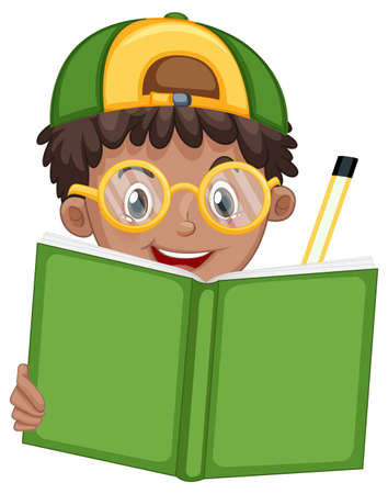 Little boy reading book illustrationのイラスト素材