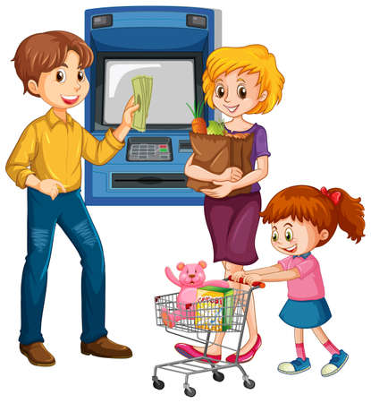 A man withdraw money from atm machine and his family illustrationのイラスト素材