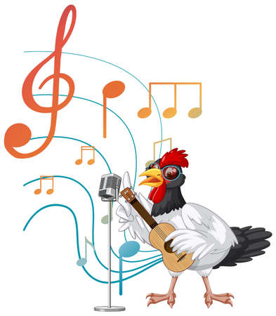 Chicken playing guitar and sing with music notes on white background illustrationのイラスト素材