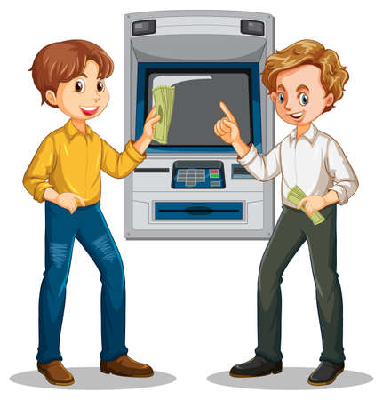 Two men withdraw money from atm machine illustrationのイラスト素材