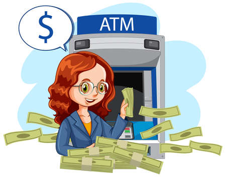Business woman withdraw money from atm machine illustrationのイラスト素材
