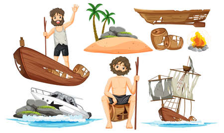 A man and boat wreck on white background illustrationのイラスト素材