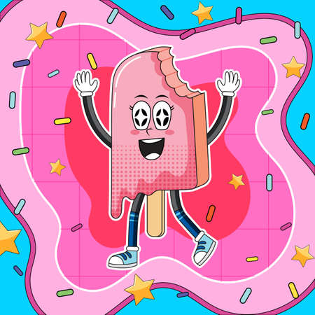 Ice cream cartoon character with retro background illustrationのイラスト素材