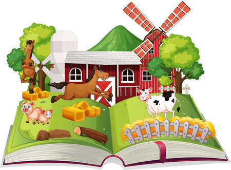 Storybook with farm animals in the farm illustrationのイラスト素材