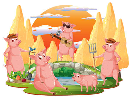 Happy animals in farm cartoon illustrationのイラスト素材