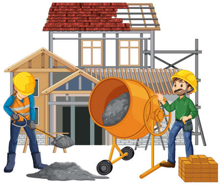 Isolated construction site with workers illustration