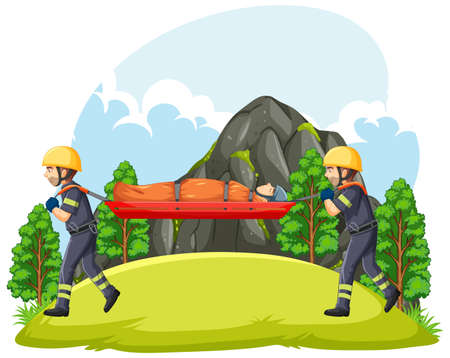 Rescue using stretcher in forest illustrationのイラスト素材