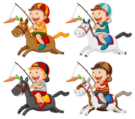 Boy riding a horse fishing a carrot illustrationのイラスト素材