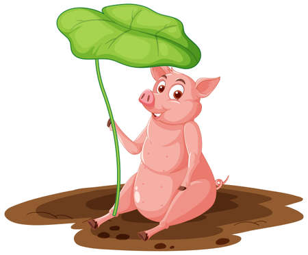 A pig holding leaf over its head illustrationのイラスト素材