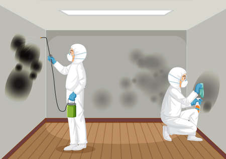 Man in protective hazmat suit cleaning mold on the wall illustrationのイラスト素材