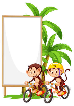 Blank wooden signboard with monkey catoon illustrationのイラスト素材