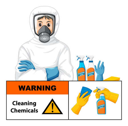 Man in protective hazmat suit with warning cleaning chemicals sign illustrationのイラスト素材