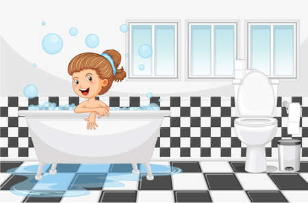 Happy girl taking a bath illustrationのイラスト素材