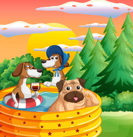 Outdoor scene with many dogs in inflatable pool illustrationのイラスト素材