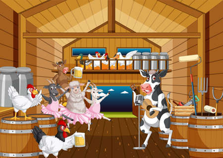 Barn indoor scene with farm animals illustrationのイラスト素材