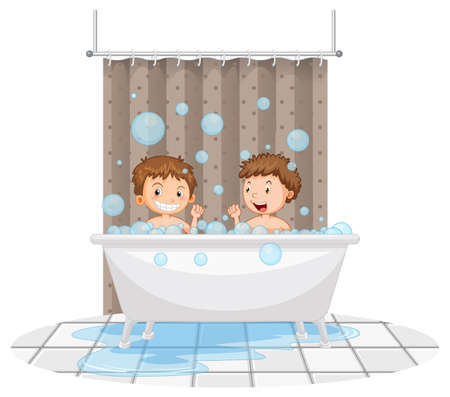 Happy kids playing in bathtub illustrationのイラスト素材