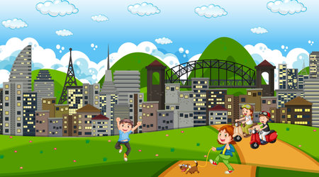 Children playing outdoor park illustrationのイラスト素材