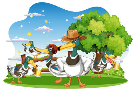 Wild duck wearing cowboy hat illustrationのイラスト素材