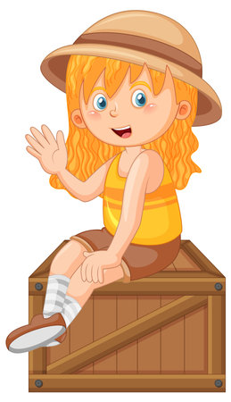 Cute girl sitting on wooden box illustrationのイラスト素材
