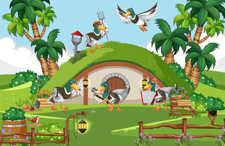 Wild ducks in the forest illustrationのイラスト素材