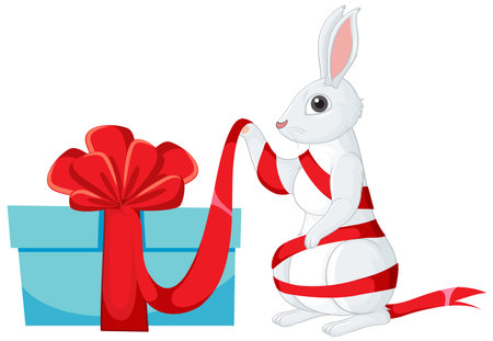Cute rabbit wrapping gift illustrationのイラスト素材