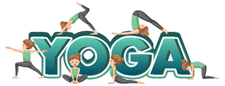 Yoga text banner with women practicing yoga illustrationのイラスト素材