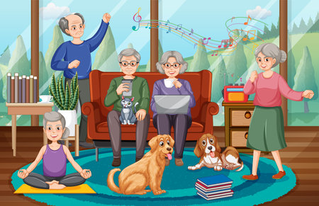 Senior people party at home illustrationのイラスト素材