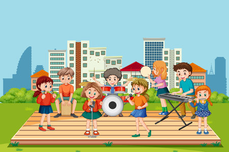 Children playing musical instrument at park illustrationのイラスト素材