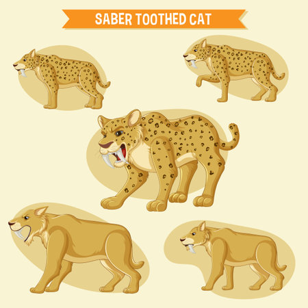 Set of saber toothed cat cartoon character sticker illustrationのイラスト素材