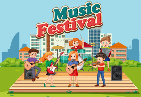 Kids music band at park illustrationのイラスト素材